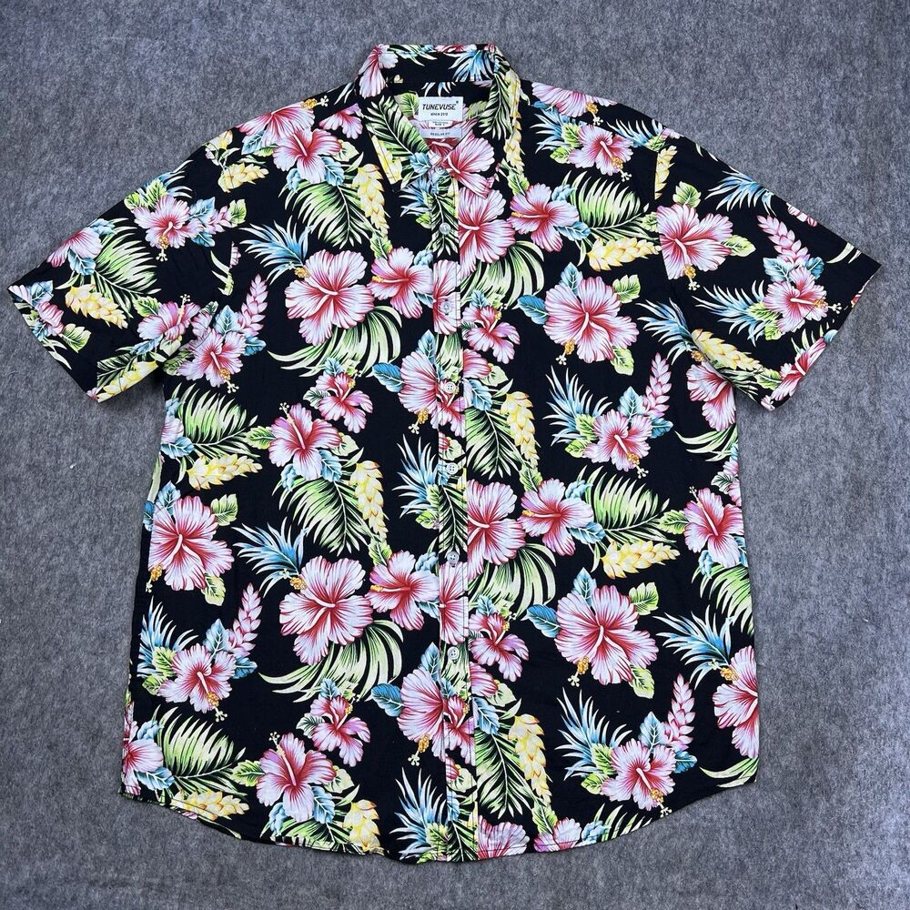 Tunevuse Men's Hawaiian Button Down Shirt Hibiscus Black Short Sleeve Size L